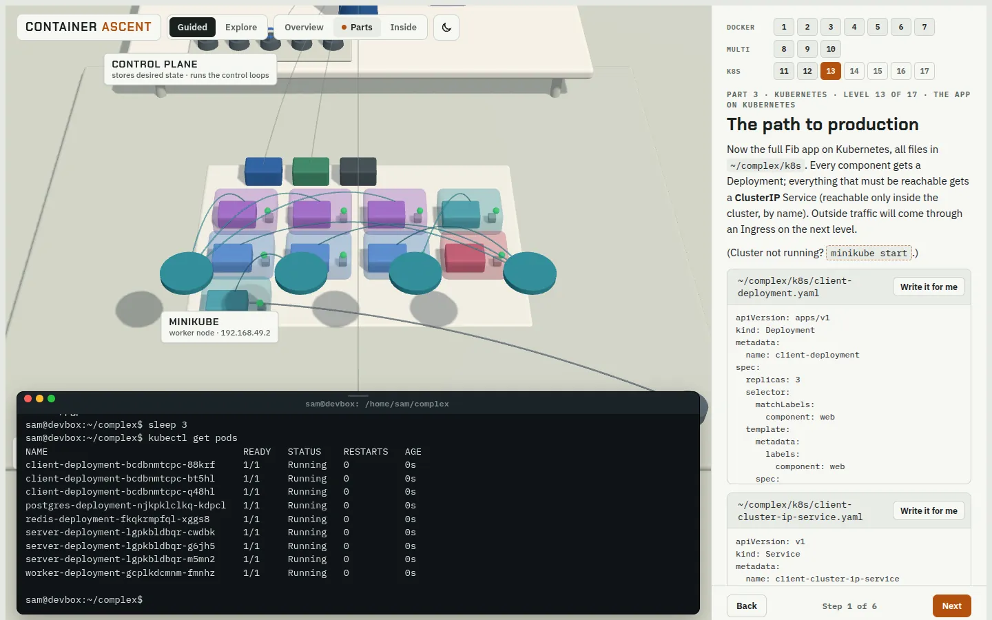Container Ascent, level 13: a minikube cluster with the control plane at the back, nine Pods on the node, Services above them, the terminal below and the lesson on the right.